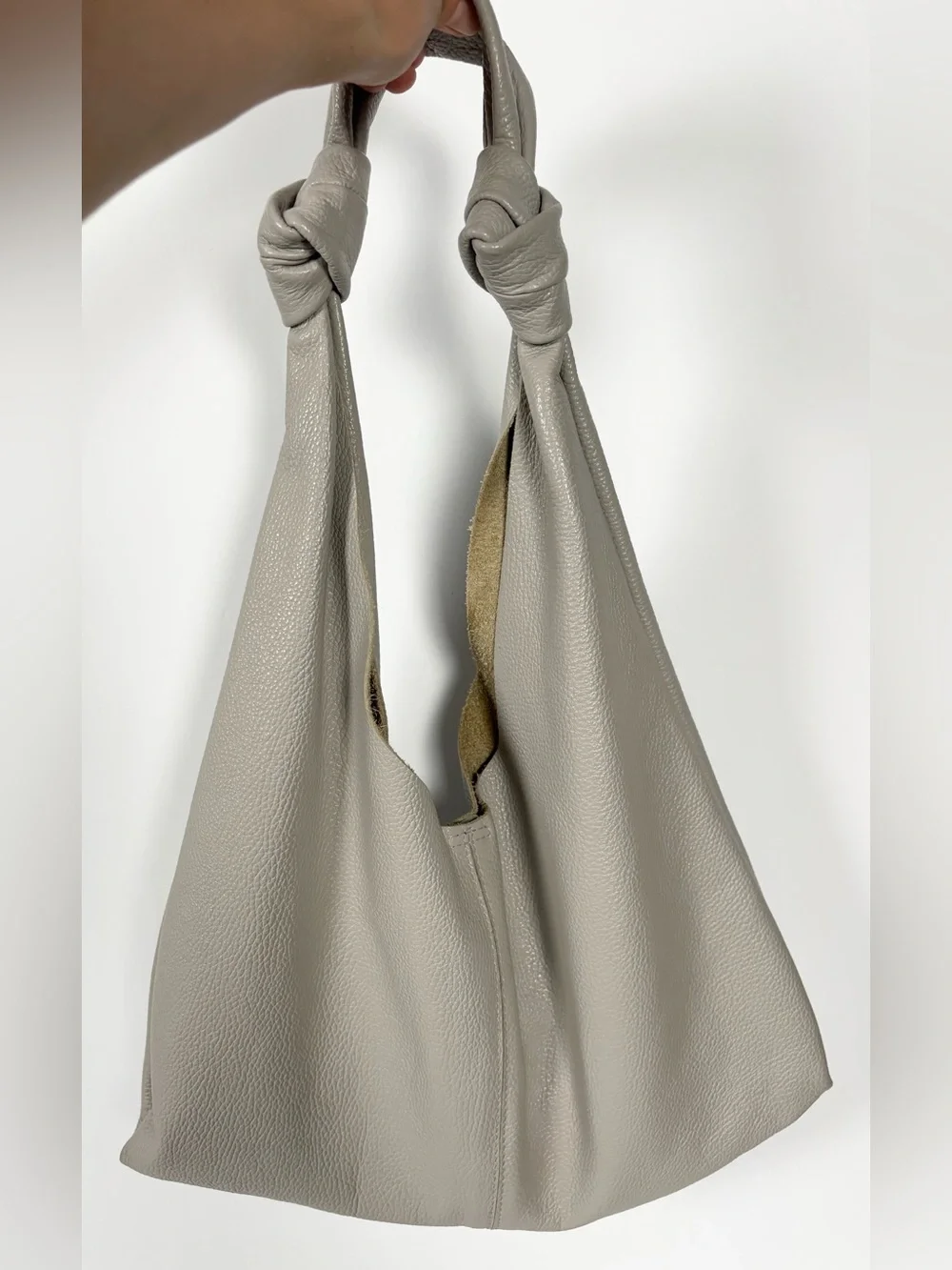Taupe Slouchy Leather Double Knot Shoulder Hobo Bag Made in Italy